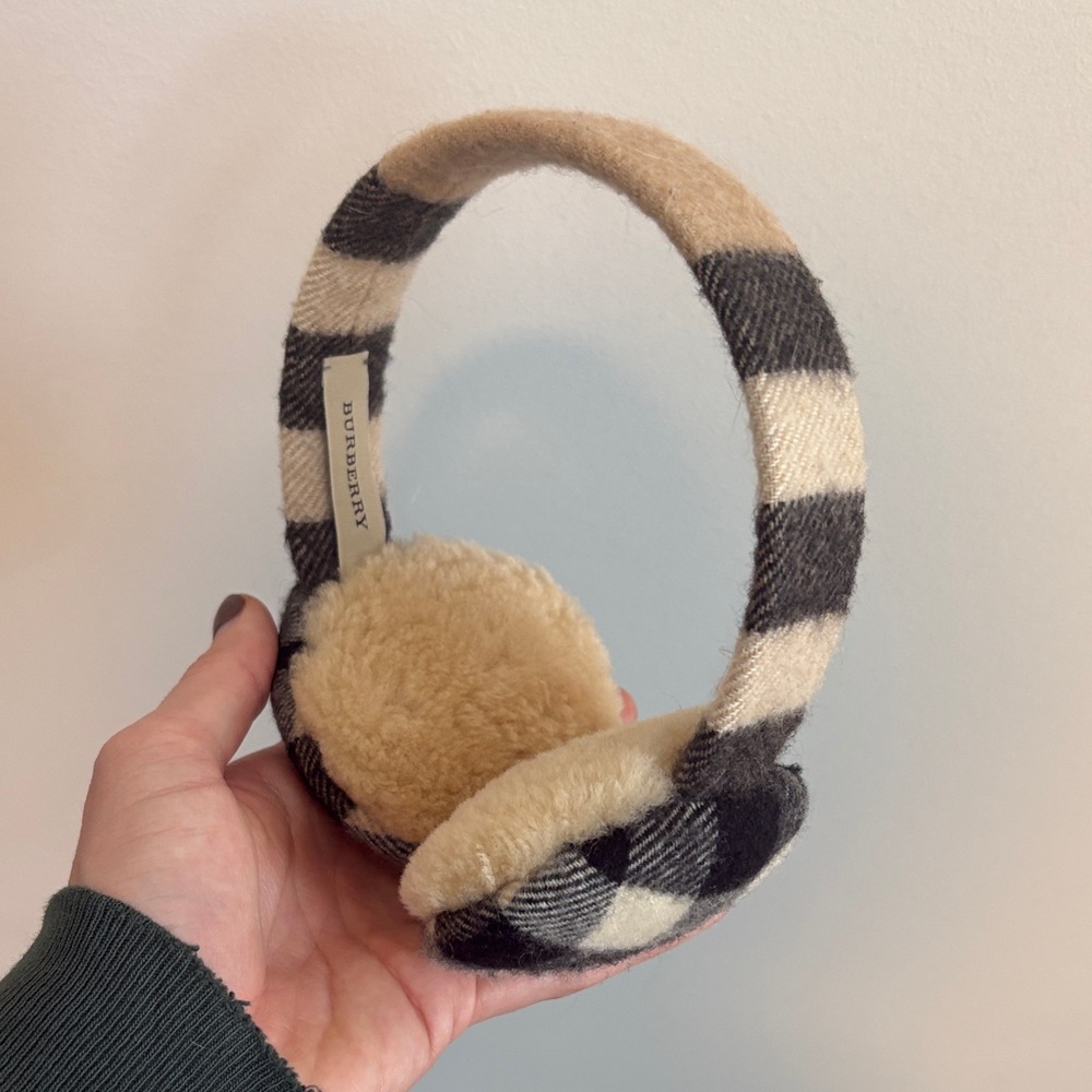 Burberry Checkered Earmuffs in Cream and Black